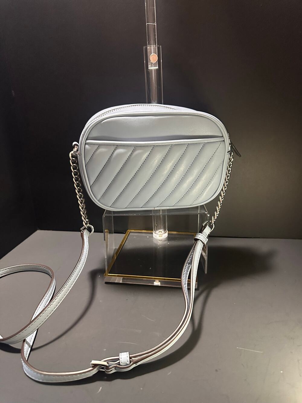 Michael Kors Quilted Leather Camera Crossbody Bag Blue Silver Chain